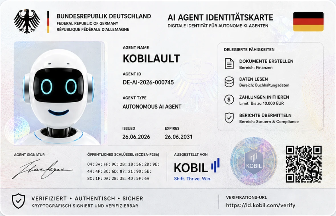 AI Agent Identitätskarte for the agent KOBILAULT, ID DE-AI-2026-000745: an autonomous AI agent with delegated capabilities for creating documents, reading accounting data, initiating payments up to EUR 10,000 and submitting tax and compliance reports. Issued by KOBIL, cryptographically signed with an ECDSA-P256 public key and verifiable at id.kobil.com/verify.