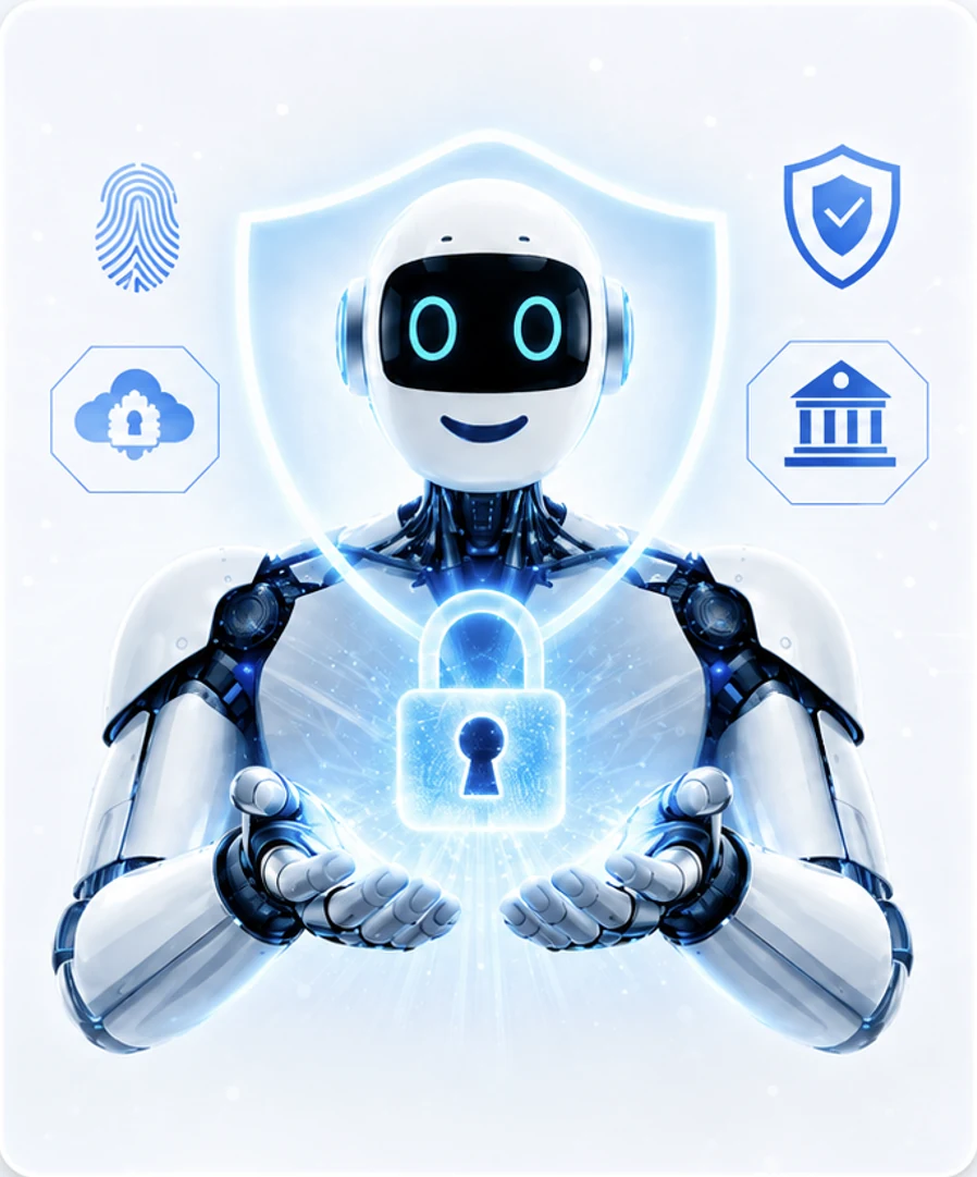 An AI agent holding a glowing lock, surrounded by fingerprint, shield, encrypted-cloud and institution icons.